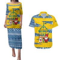Sweden Christmas Couples Matching Puletasi and Hawaiian Shirt with Santa Lucia Girl Midsummer Pole Swedish Flag and Nordic Pattern Design - Wonder Print Shop
