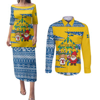 Sweden Christmas Couples Matching Puletasi and Long Sleeve Button Shirt with Santa Lucia Girl Midsummer Pole Swedish Flag and Nordic Pattern Design - Wonder Print Shop
