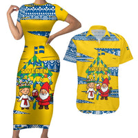 Sweden Christmas Couples Matching Short Sleeve Bodycon Dress and Hawaiian Shirt with Santa Lucia Girl Midsummer Pole Swedish Flag and Nordic Pattern Design - Wonder Print Shop