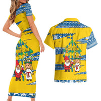 Sweden Christmas Couples Matching Short Sleeve Bodycon Dress and Hawaiian Shirt with Santa Lucia Girl Midsummer Pole Swedish Flag and Nordic Pattern Design - Wonder Print Shop