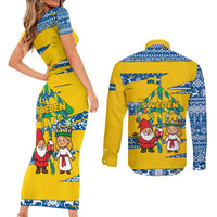 Sweden Christmas Couples Matching Short Sleeve Bodycon Dress and Long Sleeve Button Shirt with Santa Lucia Girl Midsummer Pole Swedish Flag and Nordic Pattern Design - Wonder Print Shop