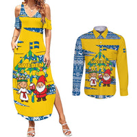 Sweden Christmas Couples Matching Summer Maxi Dress and Long Sleeve Button Shirt with Santa Lucia Girl Midsummer Pole Swedish Flag and Nordic Pattern Design - Wonder Print Shop
