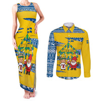 Sweden Christmas Couples Matching Tank Maxi Dress and Long Sleeve Button Shirt with Santa Lucia Girl Midsummer Pole Swedish Flag and Nordic Pattern Design - Wonder Print Shop