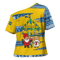 Sweden Christmas Cross Shoulder Shirt with Santa Lucia Girl Midsummer Pole Swedish Flag and Nordic Pattern Design - Wonder Print Shop