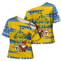 Sweden Christmas Cross Shoulder Shirt with Santa Lucia Girl Midsummer Pole Swedish Flag and Nordic Pattern Design - Wonder Print Shop