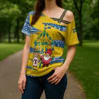 Sweden Christmas Cross Shoulder Shirt with Santa Lucia Girl Midsummer Pole Swedish Flag and Nordic Pattern Design - Wonder Print Shop