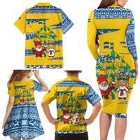 Sweden Christmas Family Matching Long Sleeve Bodycon Dress and Hawaiian Shirt with Santa Lucia Girl Midsummer Pole Swedish Flag and Nordic Pattern Design - Wonder Print Shop