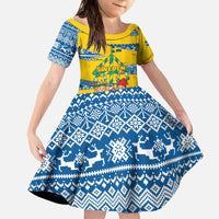 Sweden Christmas Family Matching Off The Shoulder Long Sleeve Dress and Hawaiian Shirt with Santa Lucia Girl Midsummer Pole Swedish Flag and Nordic Pattern Design - Wonder Print Shop