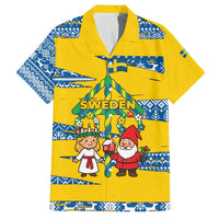 Sweden Christmas Family Matching Off The Shoulder Long Sleeve Dress and Hawaiian Shirt with Santa Lucia Girl Midsummer Pole Swedish Flag and Nordic Pattern Design - Wonder Print Shop