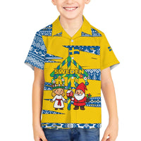 Sweden Christmas Family Matching Off The Shoulder Long Sleeve Dress and Hawaiian Shirt with Santa Lucia Girl Midsummer Pole Swedish Flag and Nordic Pattern Design - Wonder Print Shop