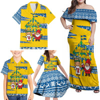 Sweden Christmas Family Matching Off Shoulder Maxi Dress and Hawaiian Shirt with Santa Lucia Girl Midsummer Pole Swedish Flag and Nordic Pattern Design - Wonder Print Shop