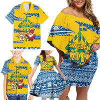 Sweden Christmas Family Matching Off Shoulder Short Dress and Hawaiian Shirt with Santa Lucia Girl Midsummer Pole Swedish Flag and Nordic Pattern Design - Wonder Print Shop