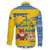 Sweden Christmas Family Matching Off Shoulder Short Dress and Hawaiian Shirt with Santa Lucia Girl Midsummer Pole Swedish Flag and Nordic Pattern Design - Wonder Print Shop