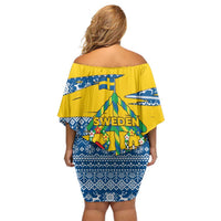 Sweden Christmas Family Matching Off Shoulder Short Dress and Hawaiian Shirt with Santa Lucia Girl Midsummer Pole Swedish Flag and Nordic Pattern Design - Wonder Print Shop