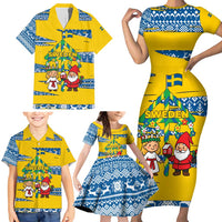 Sweden Christmas Family Matching Short Sleeve Bodycon Dress and Hawaiian Shirt with Santa Lucia Girl Midsummer Pole Swedish Flag and Nordic Pattern Design - Wonder Print Shop