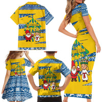 Sweden Christmas Family Matching Short Sleeve Bodycon Dress and Hawaiian Shirt with Santa Lucia Girl Midsummer Pole Swedish Flag and Nordic Pattern Design - Wonder Print Shop
