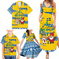 Sweden Christmas Family Matching Summer Maxi Dress and Hawaiian Shirt with Santa Lucia Girl Midsummer Pole Swedish Flag and Nordic Pattern Design - Wonder Print Shop