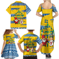 Sweden Christmas Family Matching Summer Maxi Dress and Hawaiian Shirt with Santa Lucia Girl Midsummer Pole Swedish Flag and Nordic Pattern Design - Wonder Print Shop