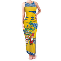 Sweden Christmas Family Matching Tank Maxi Dress and Hawaiian Shirt with Santa Lucia Girl Midsummer Pole Swedish Flag and Nordic Pattern Design - Wonder Print Shop