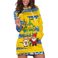 Sweden Christmas Hoodie Dress with Santa Lucia Girl Midsummer Pole Swedish Flag and Nordic Pattern Design - Wonder Print Shop