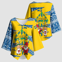 Sweden Christmas Kimono Sleeve Blouse with Santa Lucia Girl Midsummer Pole Swedish Flag and Nordic Pattern Design - Wonder Print Shop
