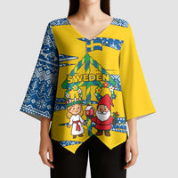 Sweden Christmas Kimono Sleeve Blouse with Santa Lucia Girl Midsummer Pole Swedish Flag and Nordic Pattern Design - Wonder Print Shop