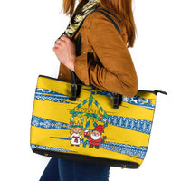 Sweden Christmas Leather Tote Bag with Santa Lucia Girl Midsummer Pole Swedish Flag and Nordic Pattern Design - Wonder Print Shop