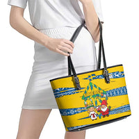 Sweden Christmas Leather Tote Bag with Santa Lucia Girl Midsummer Pole Swedish Flag and Nordic Pattern Design - Wonder Print Shop