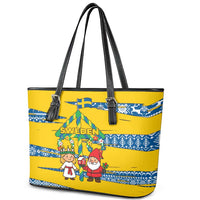 Sweden Christmas Leather Tote Bag with Santa Lucia Girl Midsummer Pole Swedish Flag and Nordic Pattern Design - Wonder Print Shop