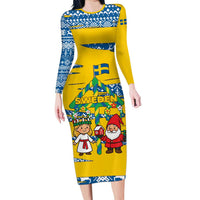 Sweden Christmas Long Sleeve Bodycon Dress with Santa Lucia Girl Midsummer Pole Swedish Flag and Nordic Pattern Design - Wonder Print Shop