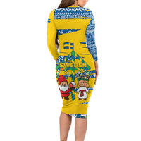 Sweden Christmas Long Sleeve Bodycon Dress with Santa Lucia Girl Midsummer Pole Swedish Flag and Nordic Pattern Design - Wonder Print Shop