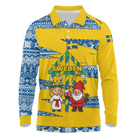 Sweden Christmas Long Sleeve Polo Shirt with Santa Lucia Girl Midsummer Pole Swedish Flag and Nordic Pattern Design - Wonder Print Shop