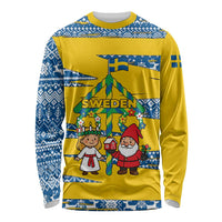 Sweden Christmas Long Sleeve Shirt with Santa Lucia Girl Midsummer Pole Swedish Flag and Nordic Pattern Design - Wonder Print Shop