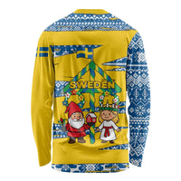 Sweden Christmas Long Sleeve Shirt with Santa Lucia Girl Midsummer Pole Swedish Flag and Nordic Pattern Design - Wonder Print Shop