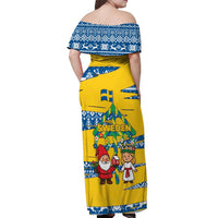 Sweden Christmas Off Shoulder Maxi Dress with Santa Lucia Girl Midsummer Pole Swedish Flag and Nordic Pattern Design - Wonder Print Shop