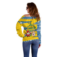 Sweden Christmas Off Shoulder Sweater with Santa Lucia Girl Midsummer Pole Swedish Flag and Nordic Pattern Design - Wonder Print Shop