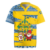 Sweden Christmas Rugby Jersey with Santa Lucia Girl Midsummer Pole Swedish Flag and Nordic Pattern Design - Wonder Print Shop