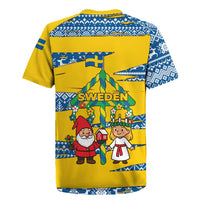 Sweden Christmas Rugby Jersey with Santa Lucia Girl Midsummer Pole Swedish Flag and Nordic Pattern Design - Wonder Print Shop