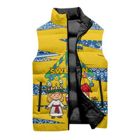 Sweden Christmas Sleeveless Puffer Jacket with Santa Lucia Girl Midsummer Pole Swedish Flag and Nordic Pattern Design - Wonder Print Shop