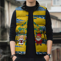 Sweden Christmas Sleeveless Puffer Jacket with Santa Lucia Girl Midsummer Pole Swedish Flag and Nordic Pattern Design - Wonder Print Shop