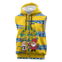 Sweden Christmas Sleeveless Zip Hoodie with Santa Lucia Girl Midsummer Pole Swedish Flag and Nordic Pattern Design - Wonder Print Shop
