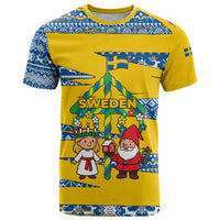 Sweden Christmas T Shirt with Santa Lucia Girl Midsummer Pole Swedish Flag and Nordic Pattern Design - Wonder Print Shop