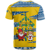 Sweden Christmas T Shirt with Santa Lucia Girl Midsummer Pole Swedish Flag and Nordic Pattern Design - Wonder Print Shop