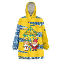 Sweden Christmas Wearable Blanket Hoodie with Santa Lucia Girl Midsummer Pole Swedish Flag and Nordic Pattern Design - Wonder Print Shop