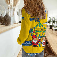 Sweden Christmas Women Casual Shirt with Santa Lucia Girl Midsummer Pole Swedish Flag and Nordic Pattern Design - Wonder Print Shop