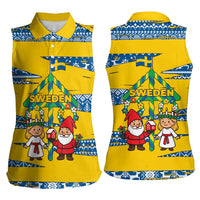 Sweden Christmas Women Sleeveless Polo Shirt with Santa Lucia Girl Midsummer Pole Swedish Flag and Nordic Pattern Design - Wonder Print Shop