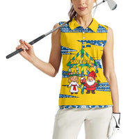 Sweden Christmas Women Sleeveless Polo Shirt with Santa Lucia Girl Midsummer Pole Swedish Flag and Nordic Pattern Design - Wonder Print Shop
