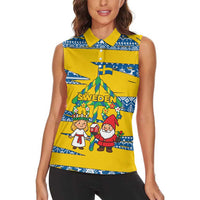 Sweden Christmas Women Sleeveless Polo Shirt with Santa Lucia Girl Midsummer Pole Swedish Flag and Nordic Pattern Design - Wonder Print Shop
