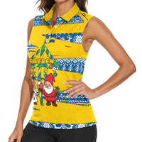 Sweden Christmas Women Sleeveless Polo Shirt with Santa Lucia Girl Midsummer Pole Swedish Flag and Nordic Pattern Design - Wonder Print Shop