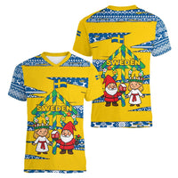 Sweden Christmas Women V-Neck T-Shirt with Santa Lucia Girl Midsummer Pole Swedish Flag and Nordic Pattern Design - Wonder Print Shop